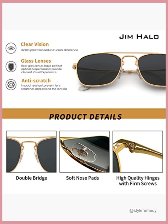 Retro Square Aviator Sunglasses with Metal Frames and Glass Lenses